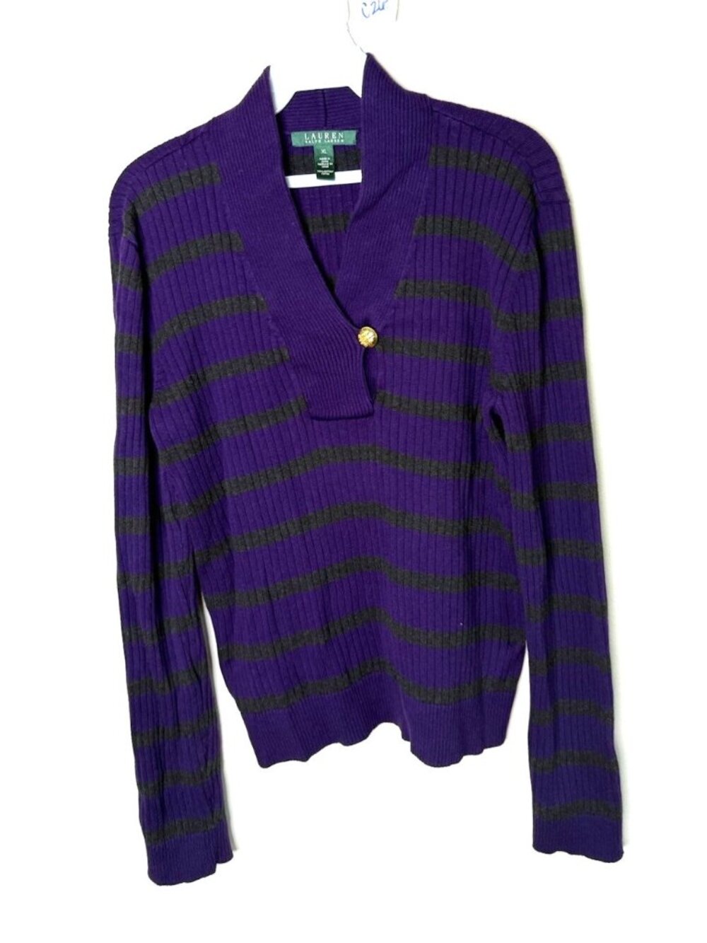Lauren Ralph Lauren Sweater Striped Ribbed Cowl Button Fitted